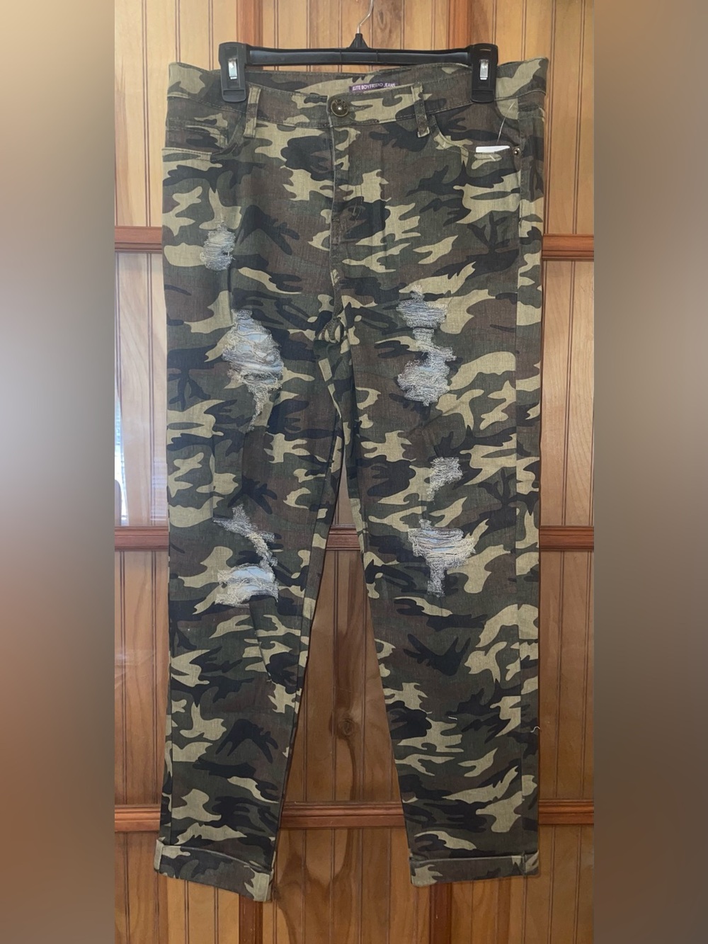 Distressed Camo Boyfriend Jeans - Olive Camo